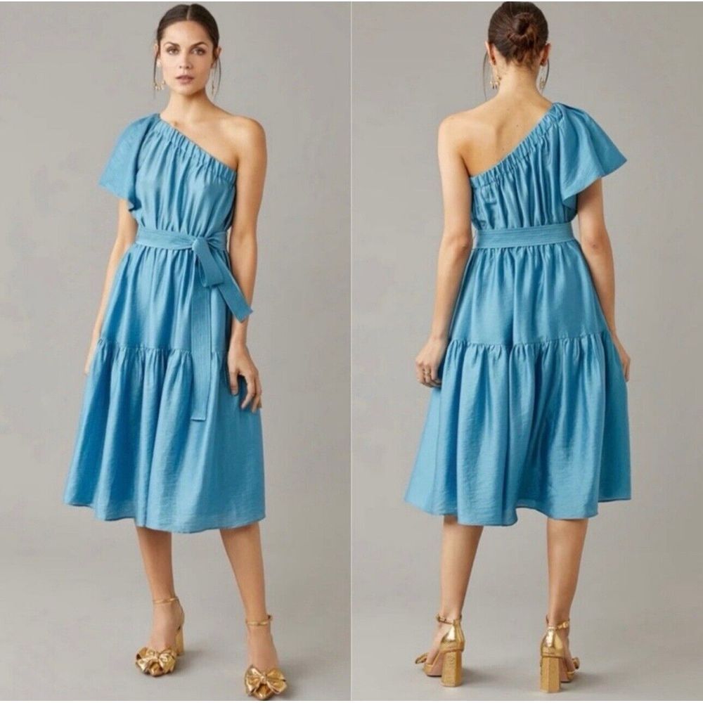 Current Air Blue One Shoulder Ruffled Tiered Belted Midi Dress‎ Sz M